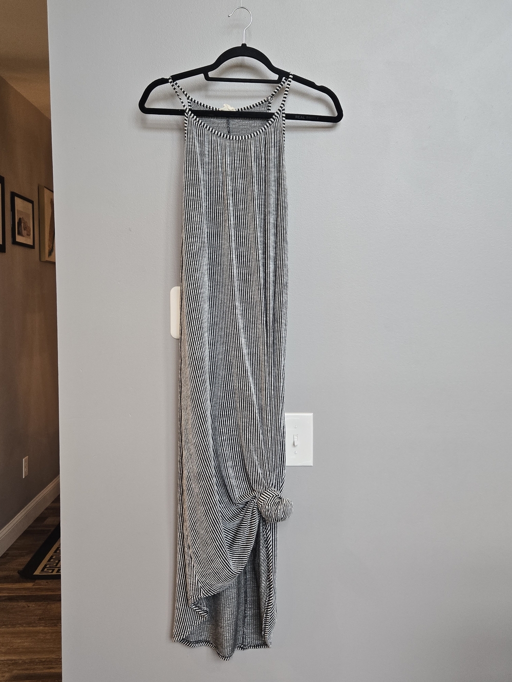 Caution to the Wind Black White Striped Ribbed Knit High Neck Maxi Dress